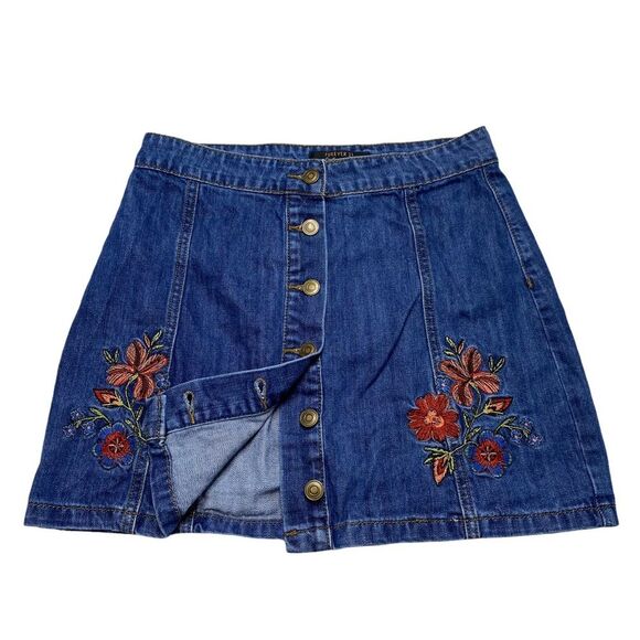 Forever 21 Floral Embroidered Button Front Denim Bohemian Mini Skirt Sz M - Picture 5 of 11